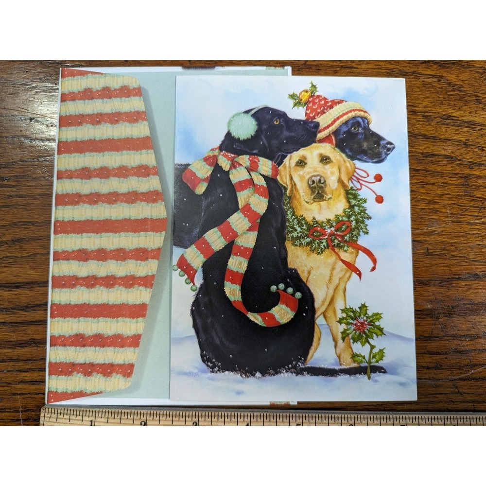 Vtg Guiding Eyes Yellow Black Lab Puppy Dog Snow Christmas Holiday Greeting Card